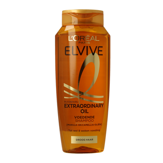 Elvive Extra Oil shampoo bottle for dry hair, 250ml, in a sleek white and gold packaging, shown from a front view.