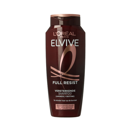 Elvive Full Resist shampoo bottle, 250ml, for hair care, with a white and purple label and flip-top cap.