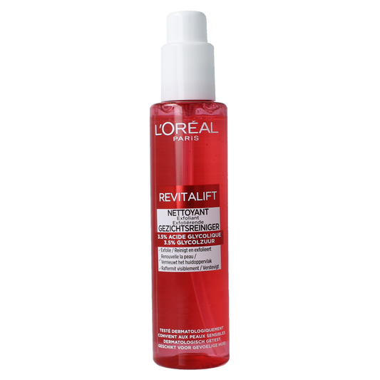 L'Oreal Paris Revitalift Glycolic Cleanser in 150ml bottle, facial skincare product with a white and purple packaging.