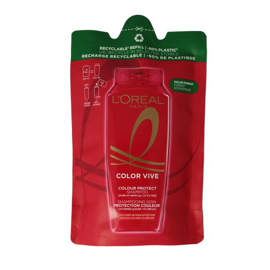 Elvive Color Vive shampoo refill pack, 250ml, for vibrant hair color and hair care, in a sleek refill container.