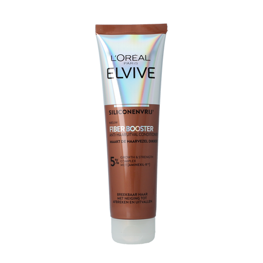 Elvive Fiber Booster Conditioner for hair care, 150ml bottle, with a white and purple packaging design.