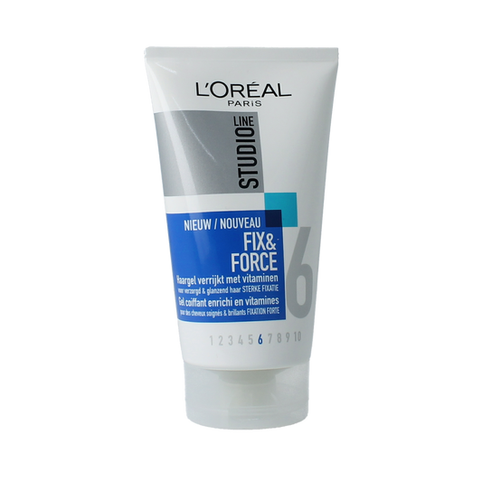 Studio Line Fix & Style Gel ultra strong hair styling gel in a 150ml container with a clear label and black cap.