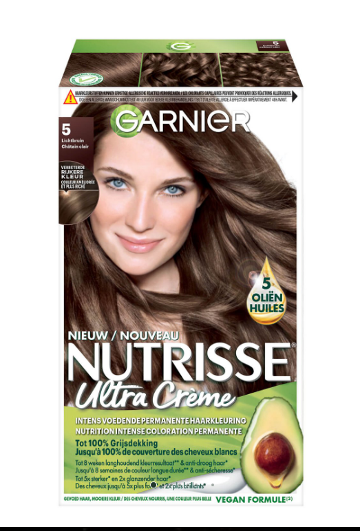 Nutrisse Nutrisse 5 licht bruin hair coloring kit with gloves and instructions for at-home hair dye application
