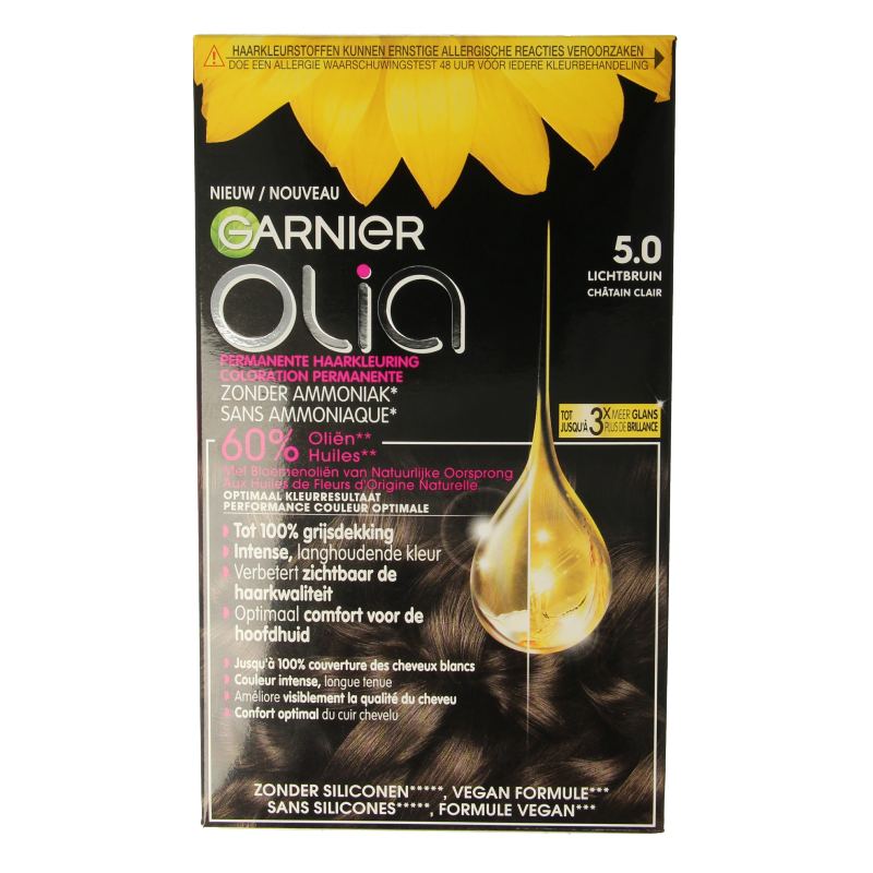 Garnier Olia 5.0 light brown hair dye set with bottles and applicator for at-home hair coloring