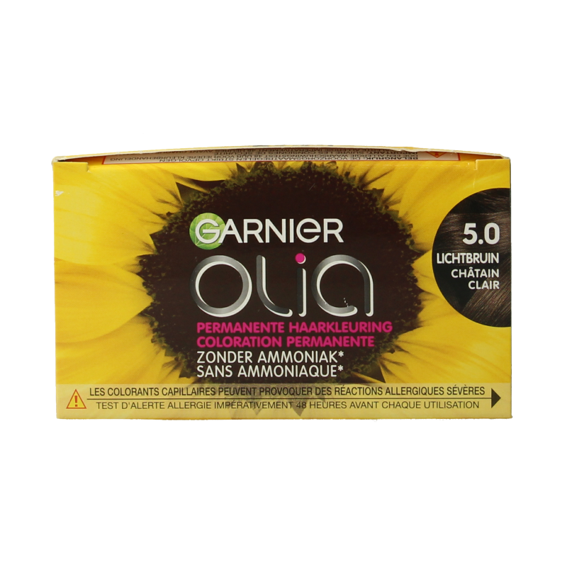 Garnier Olia 5.0 light brown hair coloring kit, featuring a bottle of hair dye and applicator bottle for at-home use