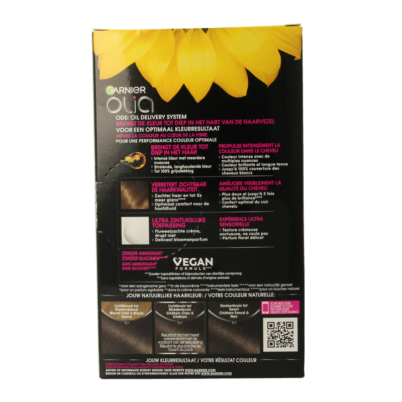 Garnier Olia light brown hair coloring kit with applicator bottle and gloves, for easy at-home hair dye application.