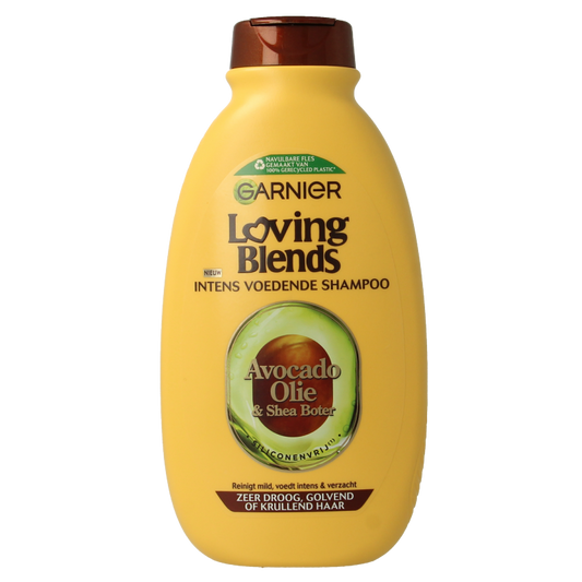 Garnier Loving Blends avocado and shea butter shampoo bottle, 300ml, for nourishing hair care.