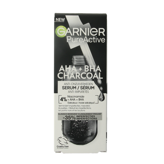 Garnier PureActive AHA + BHA charcoal serum for facial skincare in a 30ml bottle, with black serum and skincare packaging.