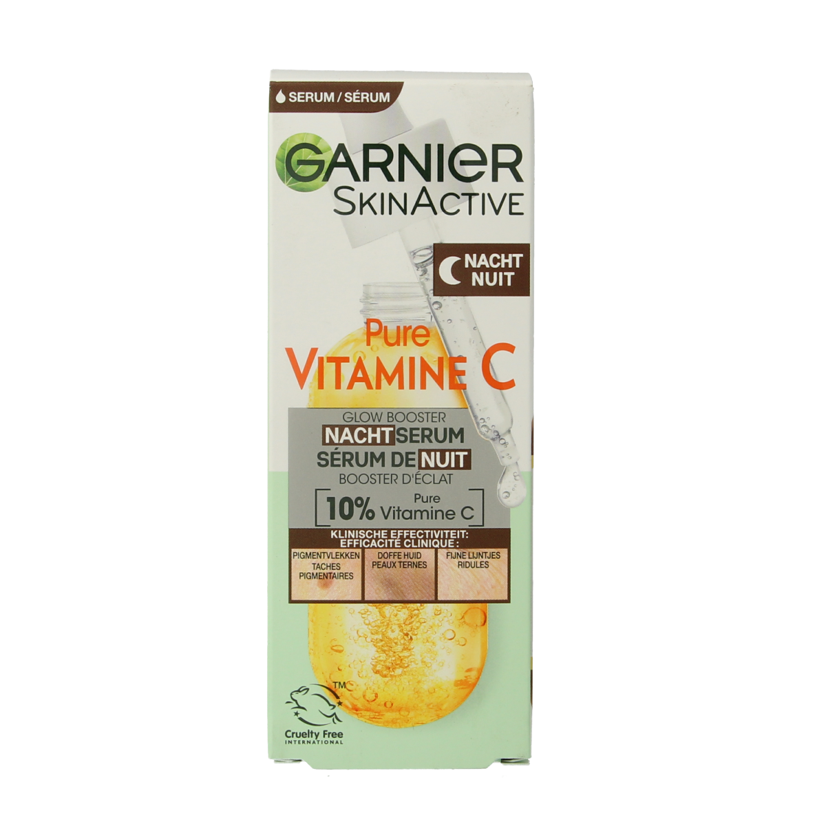 Garnier SkinActive nachtserum met vitamine C en hyaluronzuur, 30 ml, gezichtverzorgingsproduct in een witte fles