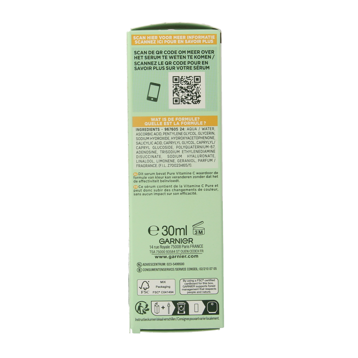 Garnier SkinActive nachtserum met vitamine C en hyaluronzuur in een 30 ml fles voor gezichtsverzorging