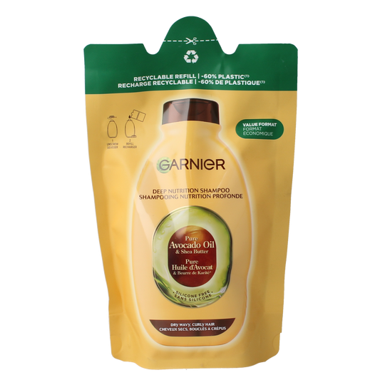 Garnier Loving Blends avocado shea hair care refill bottle, 250ml, for nourishing shampoo with natural ingredients.