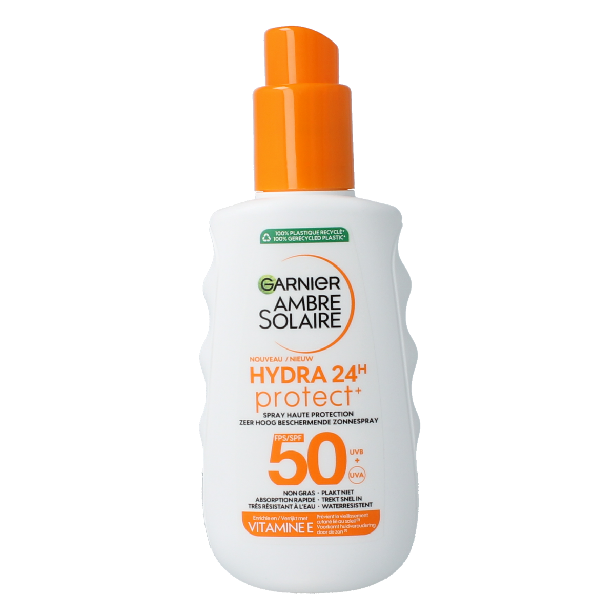 Ambre Solaire Hydraterende SPF50+ zonnebrandmelk spray, 150ml, with protective sun protection for skin hydration and UV defense.