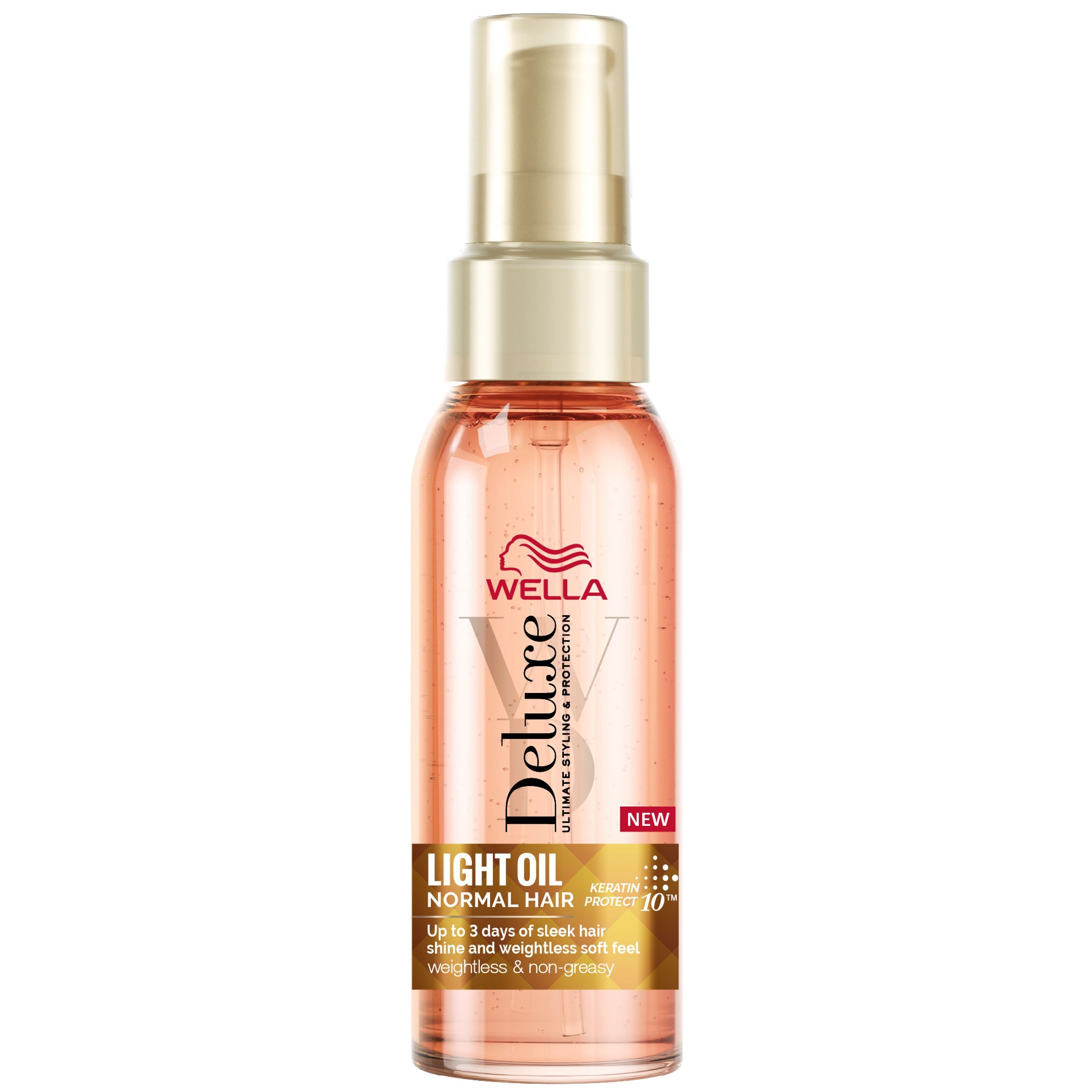 Wella Deluxe Light Oil for hair styling, 100ml bottle with pump dispenser, smooth and nourishing hair treatment.