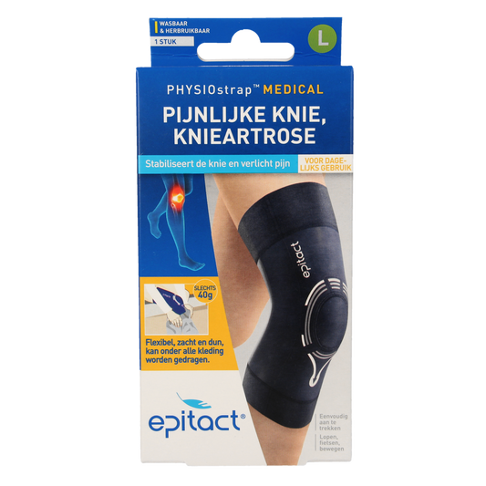 Epitact Knie medical bandage in size L for 41-44cm, shown wrapped around the knee for support and compression.