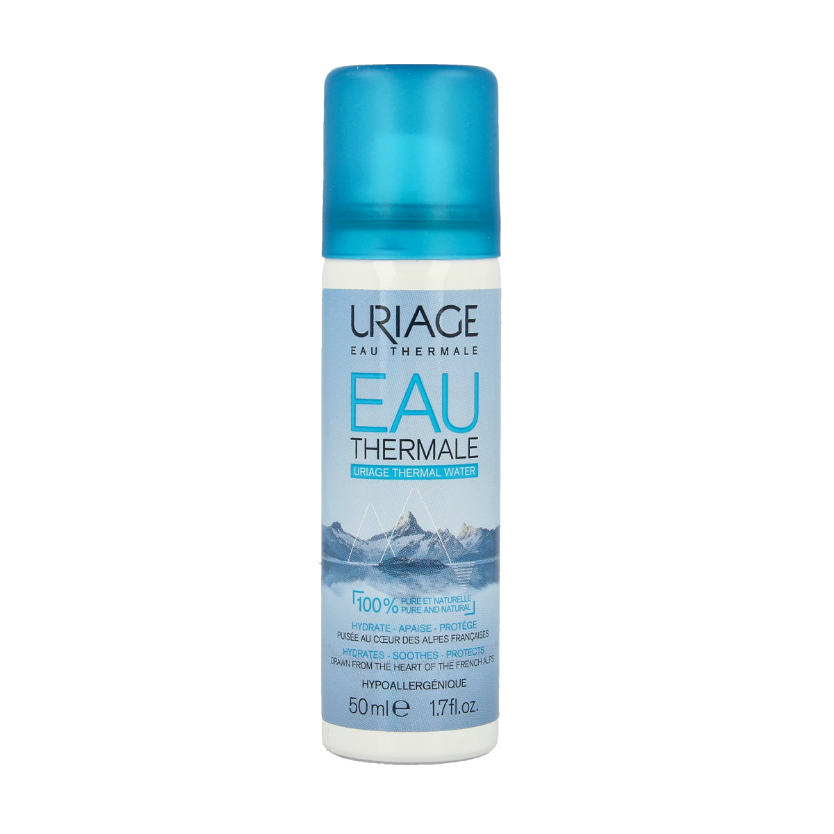 Uriage Thermaal water spray 50ml, facial skincare product in a clear spray bottle, designed for soothing and hydrating skin.