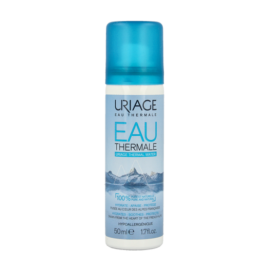 Uriage Thermaal water spray 50ml, facial skincare product in a clear spray bottle, designed for soothing and hydrating skin.