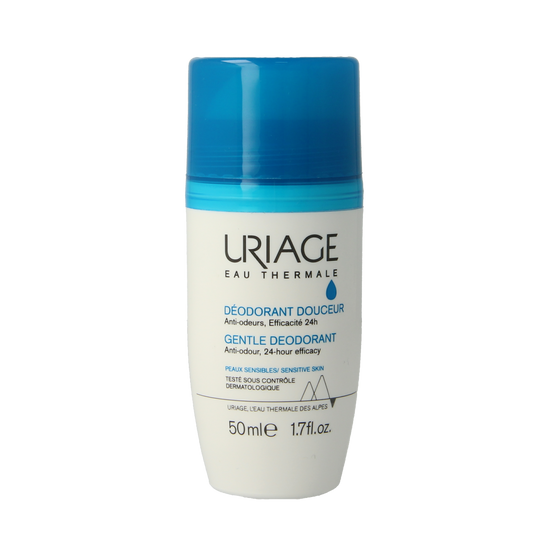 Uriage Thermaal Water Deodorant Douceur 50ml spray bottle with white cap and clear label, designed for sensitive skin.