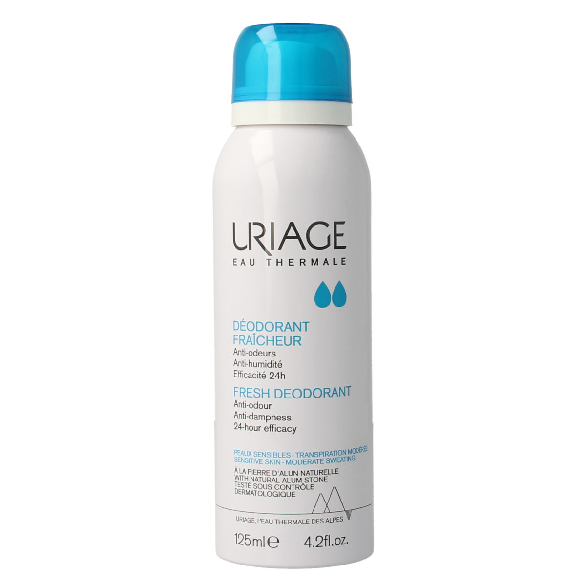 Uriage Thermal Water refreshing deodorant spray bottle with 125ml size, featuring a sleek design and spray nozzle.
