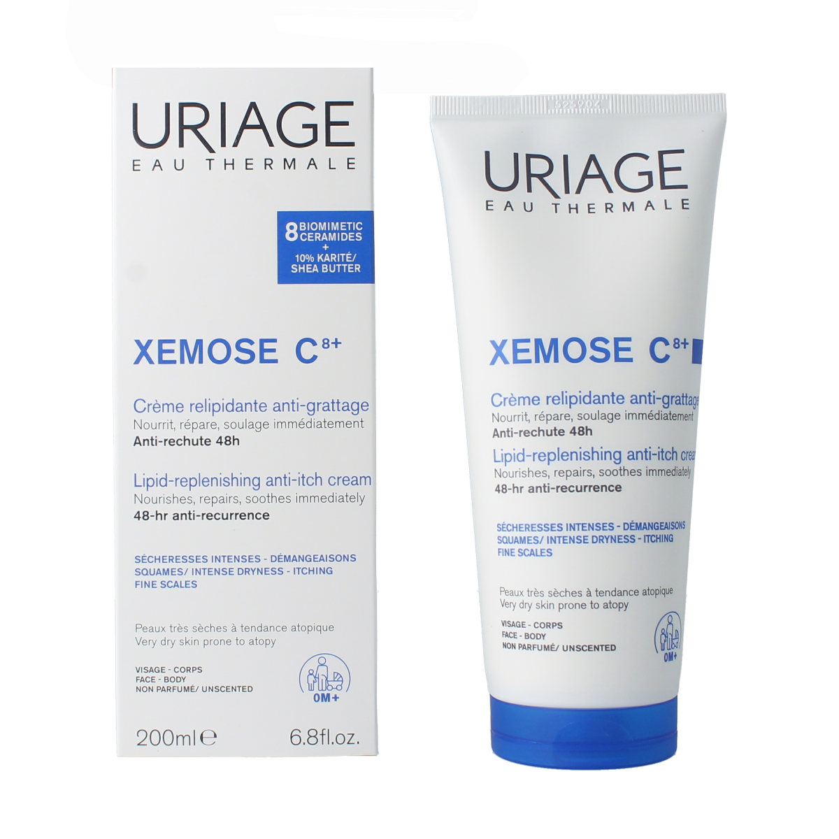 Uriage Xemose gezichtscrème in 200ml tube, hydrates and soothes dry, sensitive skin with gentle skincare ingredients.