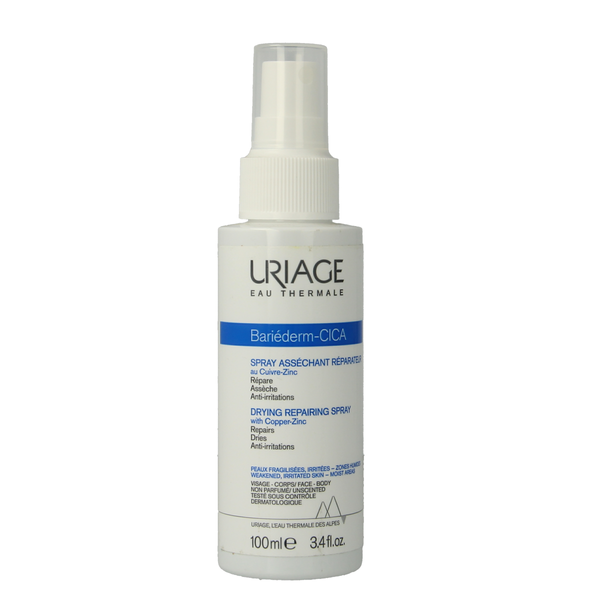 Uriage Bariederm Cica Spray 100ml for body skincare, featuring a clear spray bottle with a white cap and blue accents.