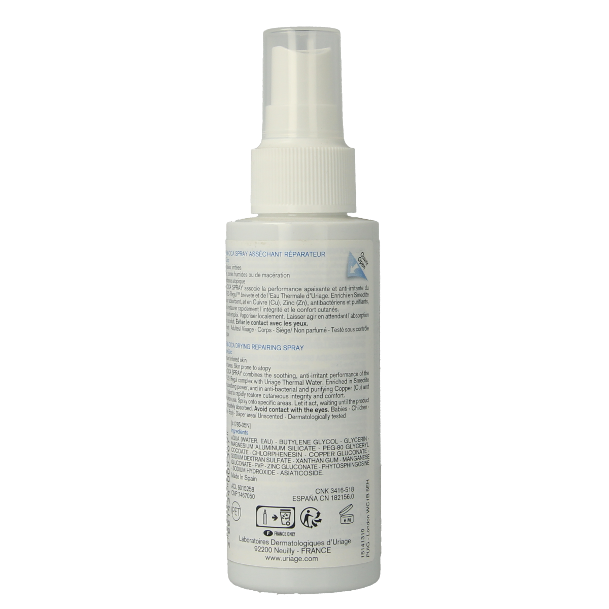 Uriage Bariederm Cica Spray 100ml for body skincare, with soothing and repairing properties, in a spray bottle.