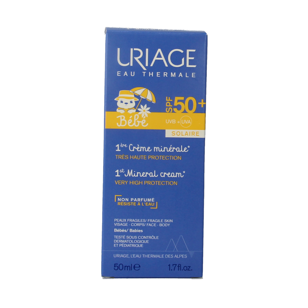 Uriage Bebe 1ere Creme Minerale SPF50 baby and toddler skincare cream in 50ml tube, gentle sun protection for delicate skin.