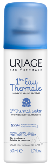 Uriage Bebe 1ere Eau Thermale spray bottle, 150ml, for baby and toddler skin care, featuring a spray nozzle and white packaging.