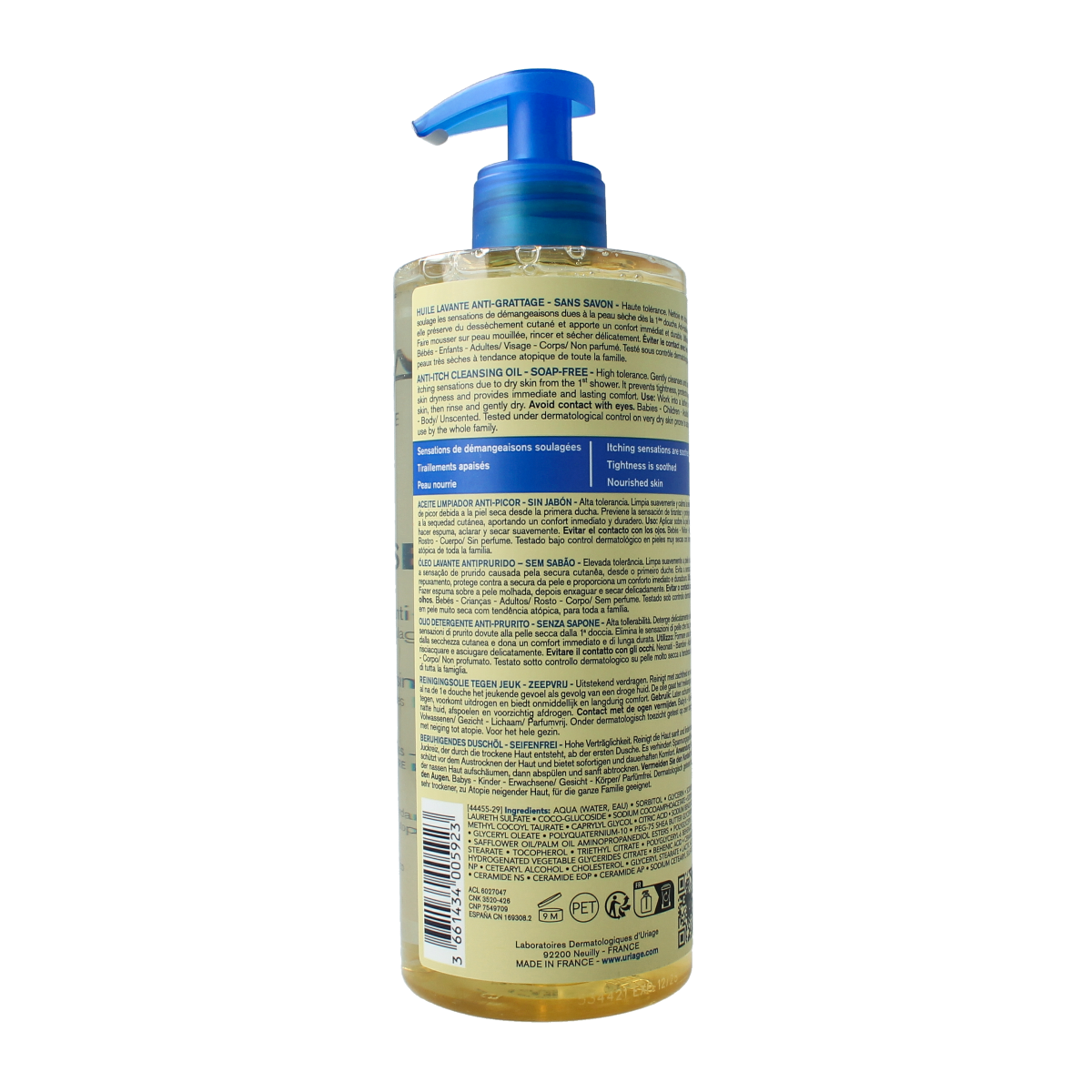 Uriage Xemose huile lavant apa, 500ml, soothing body cleansing oil in a clear bottle with a pump dispenser.