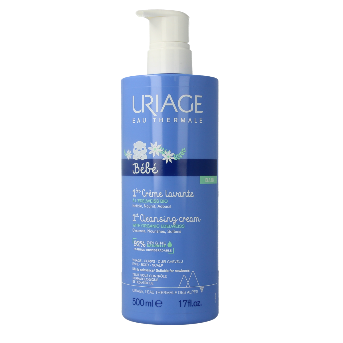 Uriage Bebe 1ere Creme Lavante, gentle baby and toddler cleansing cream in a 500ml bottle with a soft, soothing texture.