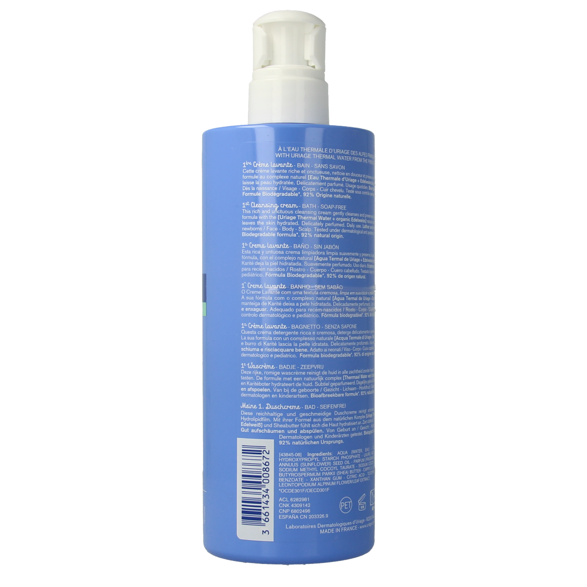 Uriage Bébé 1ère Crème Lavante, 500ml, gentle baby and toddler cleansing cream in a white bottle with blue accents
