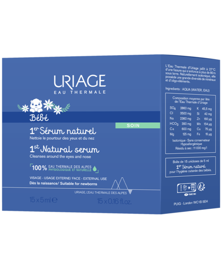 Uriage Bebe 1er serum naturel unidose 5x15ml, gentle baby and toddler skincare in convenient single-dose packaging
