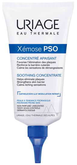 Uriage Xemose Pso Concentre Apaisant facial skincare tube, 150ml, with calming ingredients for sensitive skin.