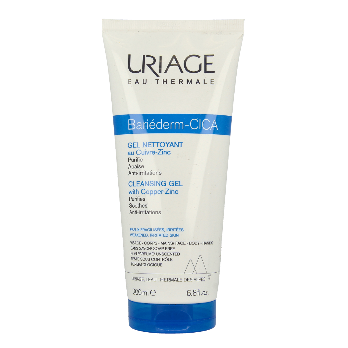 Uriage Bariederm cleansing cica gel for irritated skin, 200ml, gentle facial skincare product in a clear pump bottle
