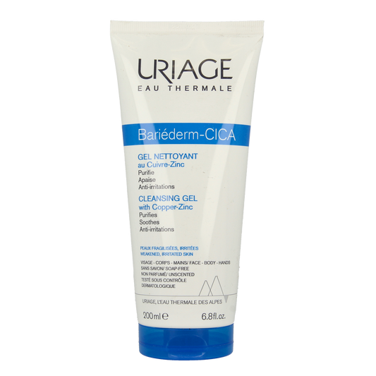 Uriage Bariederm cleansing cica gel for irritated skin, 200ml, gentle facial skincare product in a clear pump bottle
