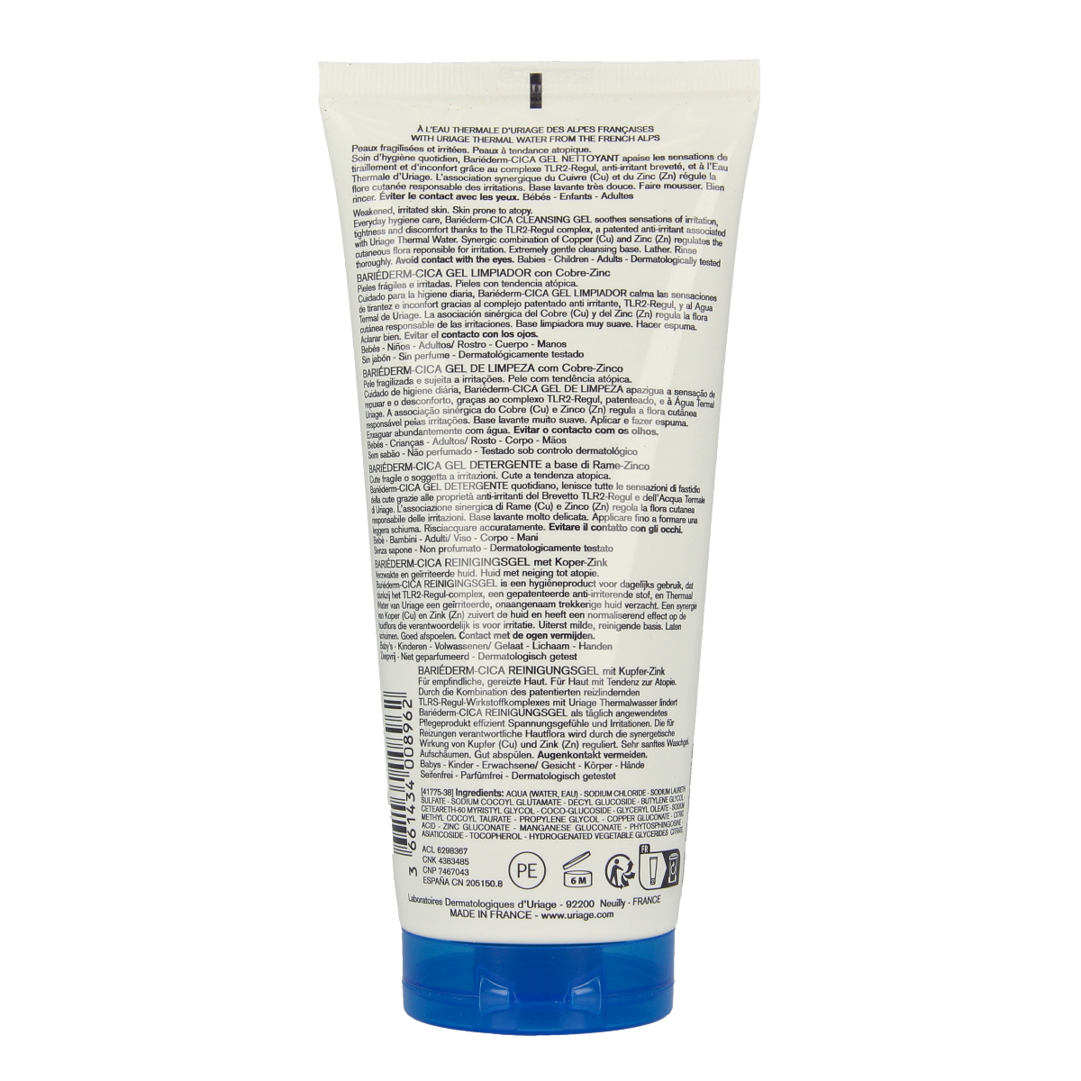 Uriage Bariederm Cica Gel for irritated skin, 200ml, soothing facial cleanser in a clear tube with white and blue packaging.