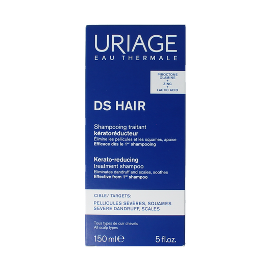 Uriage DS Hair Shampoo Keratoreducteur bottle with label, 150ml, for scalp and hair care, in a bathroom setting