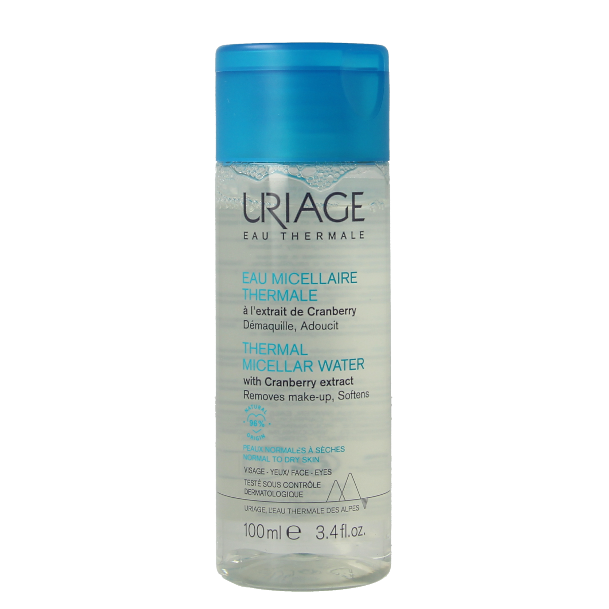 Uriage Thermaal Micellar Water for normal to dry skin in a 100ml bottle, gentle facial cleansing product by Uriage.