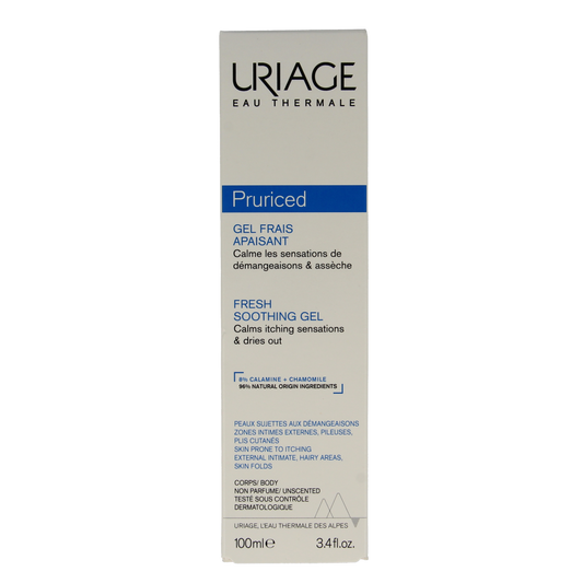 Uriage Pruriced gel for body care, 100ml, soothing and moisturizing skincare product with Uriage brand.