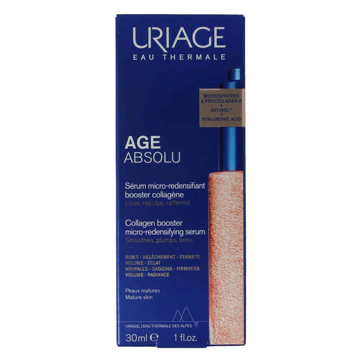 Uriage Age Absolu Collagenbooster serum 30ml, facial skincare product with a sleek bottle and applicator for youthful skin.