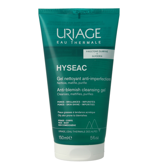 Uriage Hyseac facial cleansing gel in a 150ml bottle, gentle skincare product for oily and acne-prone skin.