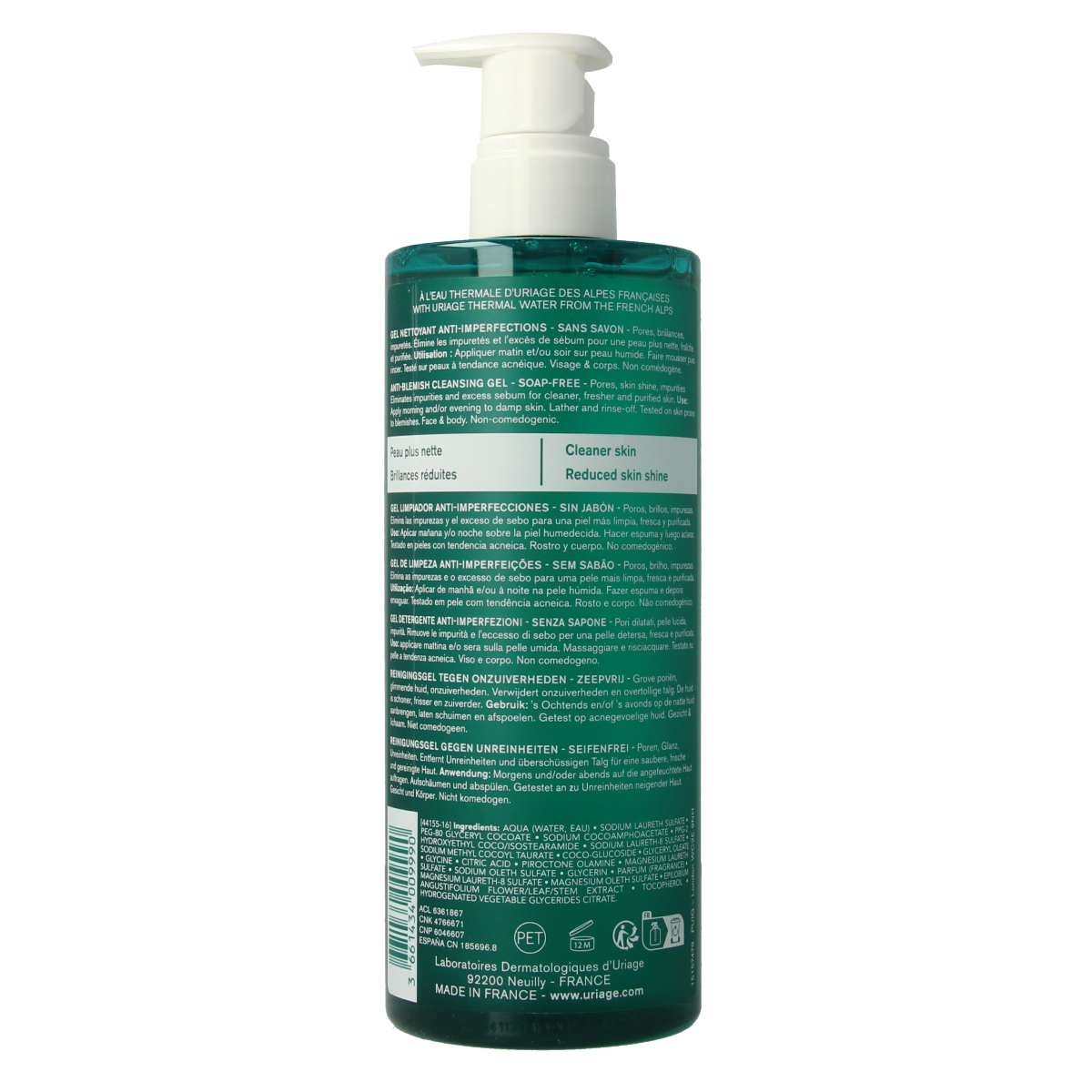 Uriage Hyseac facial cleansing gel in a 500ml bottle, gentle skincare product for clear, refreshed skin.