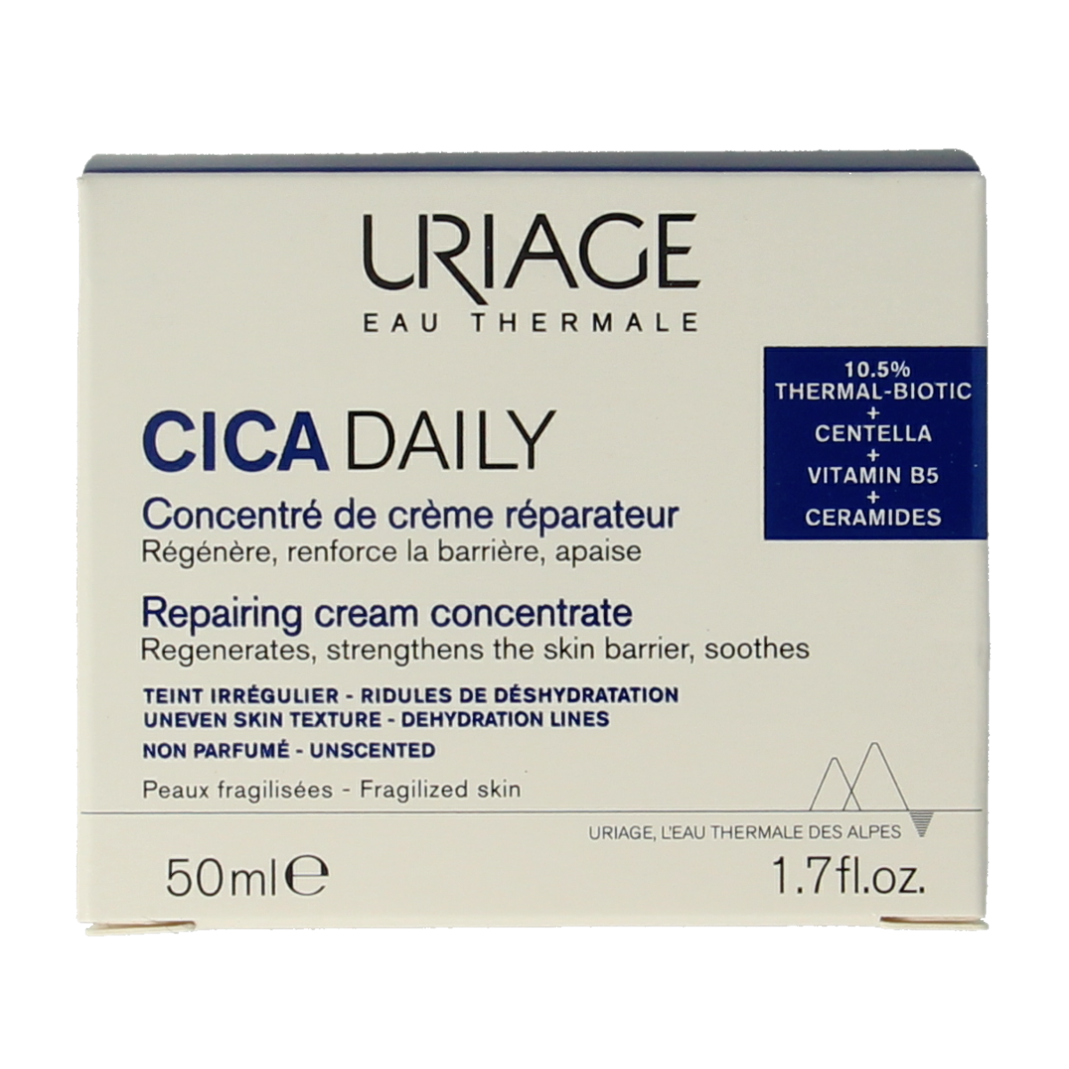 Uriage Cica daily cream concentrate in 50ml jar, facial skincare product with a white and blue container, for skin soothing and repair.