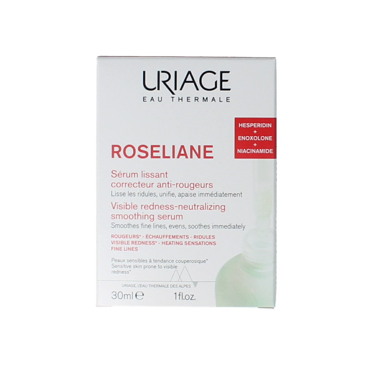 Uriage Roseliane serum in a 30ml bottle, designed for facial skincare, with a clear pump dispenser and white label.