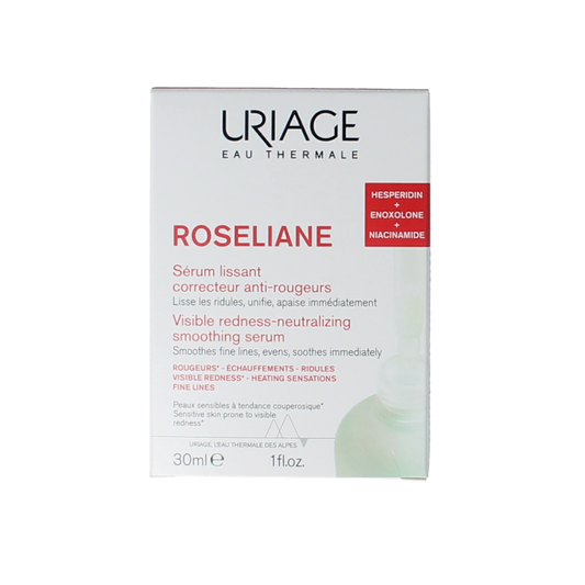Uriage Roseliane face serum in a 30ml bottle, designed for sensitive skin and redness relief.