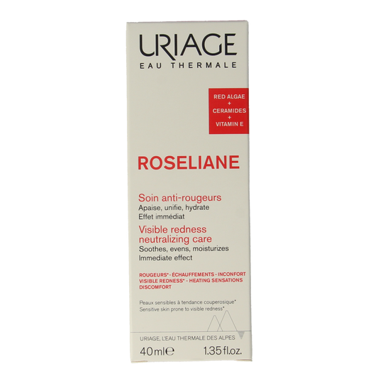 Uriage Roseliane anti-redness face cream in a 40ml jar, designed for sensitive, reddened skin, with a smooth, creamy texture.