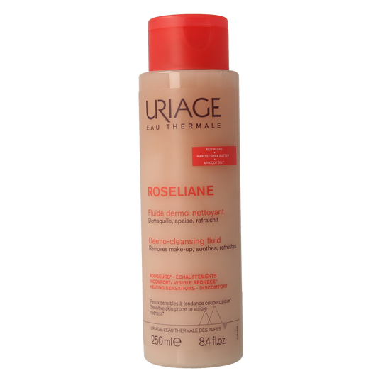 Uriage Roseliane Fluide Dermo facial moisturizer in 250ml, featuring a white bottle with a blue cap and label.