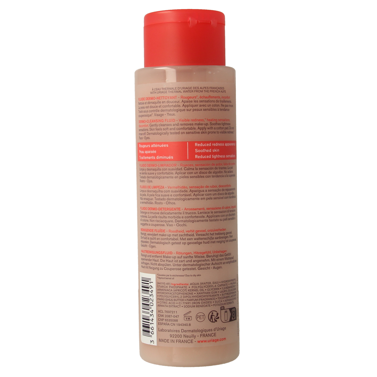 Uriage Roseliane Fluide Dermo facial skincare product in 250ml bottle, designed for sensitive skin and redness relief.