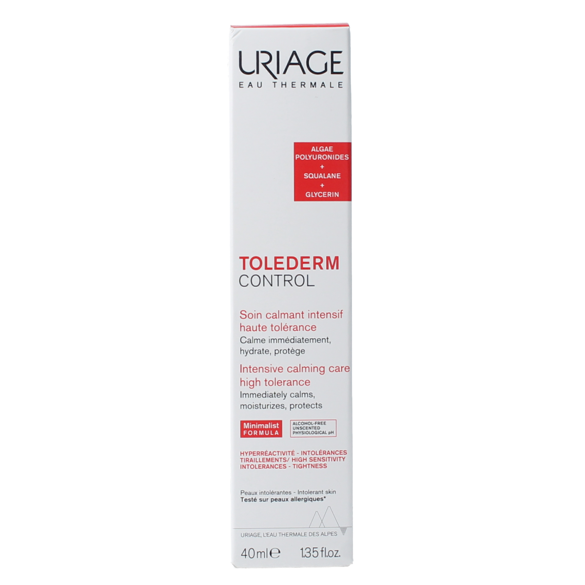 Uriage Tolederm Control verzachtende gezichtsverzorging tube, 40ml, with white and blue packaging and product label visible.