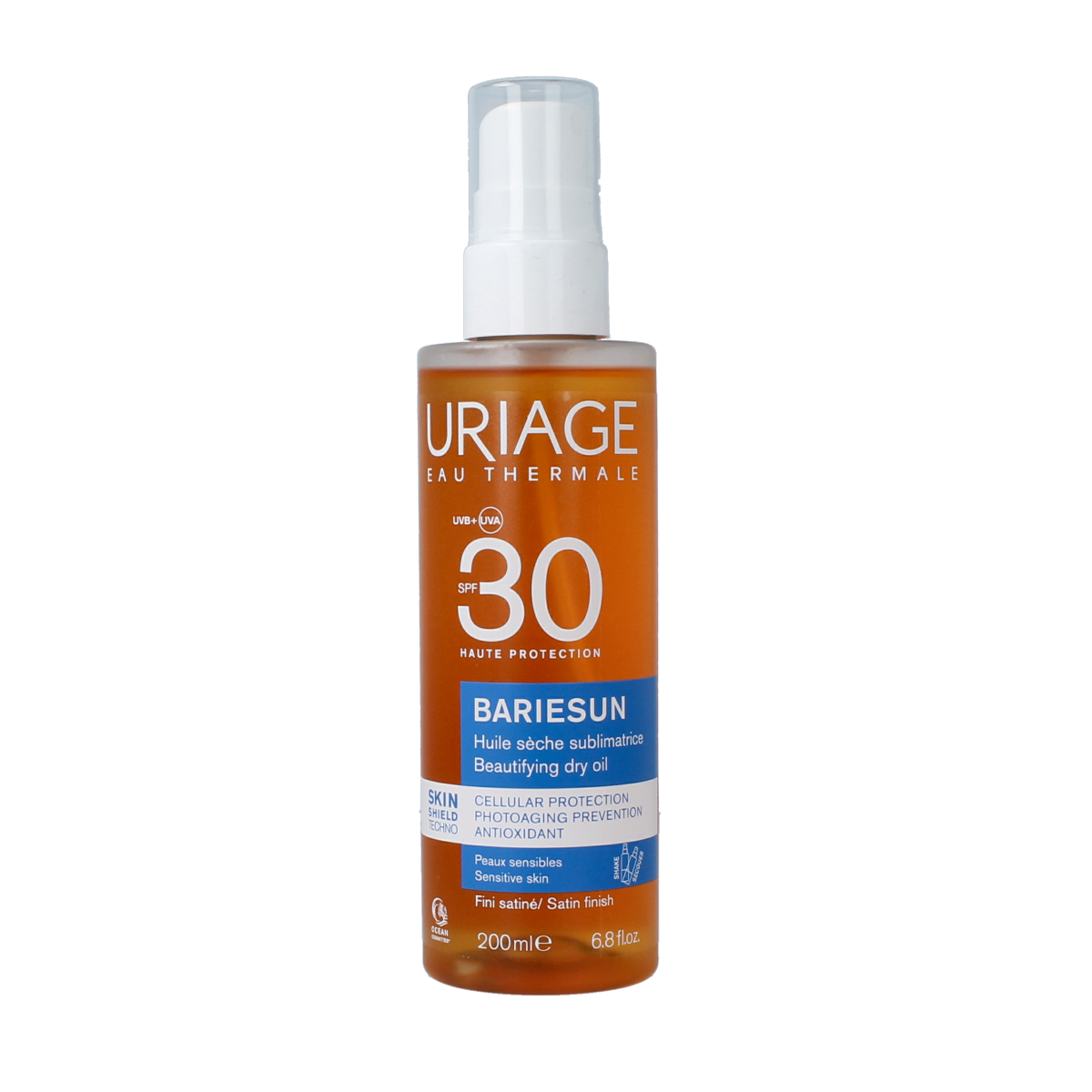Uriage Bariesun SPF30 spray sunscreen bottle, 200ml, with a white and blue design and spray nozzle for easy application.