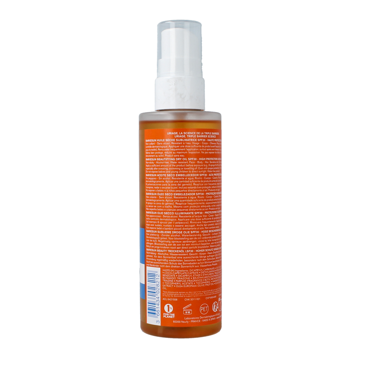 Uriage Bariesun SPF30 sunscreen spray bottle, 200ml, with transparent cap and blue label, for sun protection.